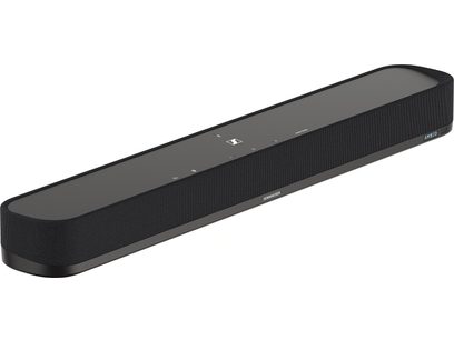 Črna Sennheiser AMBEO Soundbar Mini zvočna vrstica, pogled od spredaj, podolgovata pravokotna oblika z zaobljenimi robovi