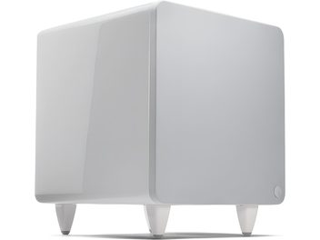 Cambridge Audio Minx X301 valge bassikõlar, vaade eest nurga alt, kuupjale kujule ümarate nurkadega