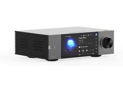Δικτυακός αναπαραγωγέας ήχου EverSolo DMP-A6 Gen 2, ορθογώνια κατασκευή, μπροστινή όψη από βουρτσισμένο μέταλλο, έγχρωμη οθόνη, περιστροφικό κουμπί στα δεξιά.