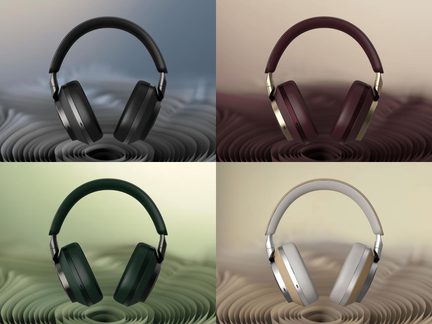Fyra over-ear-hörlurar i matt plast med metallgångjärn, sedda framifrån och svävande ovanför en matchande vågig bakgrund, i färgerna svart, vinröd med gulddetaljer, mörkgrön och ljusgrå med beige kanter.