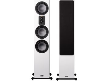 Enceinte colonne Signature 607 blanc satin, vue frontale, 4 haut-parleurs circulaires visibles à gauche, cache noir à droite