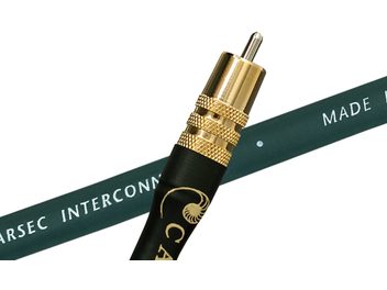 Cavo coassiale digitale Cardas Parsec Digital 1m, connettore RCA placcato oro, guaina verde con scritta "MADE", vista ravvicinata