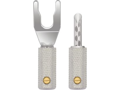 Deux cosses de câble en métal argenté texturé, avec embouts dorés cylindriques, et une fourche en U à l'autre extrémité