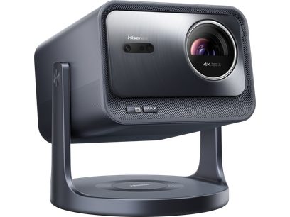 Hisense C2 Pro videoprojektor, kolmeveerandvaade, hall ristkülikukujuline korpus, ümmargune objektiiv, kaardus tugi