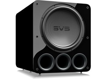 Caisson de grave PB17-Ultra R|Evolution noir laqué, vue de face, haut-parleur central, 3 évents circulaires en bas