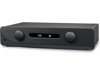 Atoll Electronique PR300 Evolution Stereo Preamplifier black, front view, 2 circular knobs, central display showing "DVD 26"