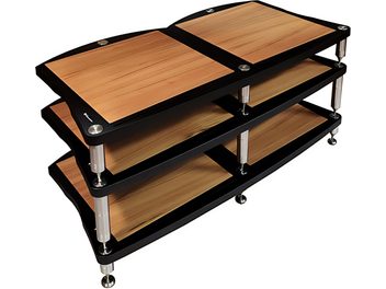 Έπιπλο Hi-Fi Bassocontinuo Ghironda 2.1, 3 ορθογώνια ράφια από ανοιχτόχρωμο ξύλο και μαύρο μέταλλο, κυλινδρικά πόδια με επιχρωμίωση