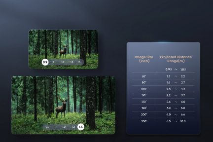 Deux écrans rectangulaires affichant un cerf dans une forêt, tableau comparatif des tailles et distances projetées à droite