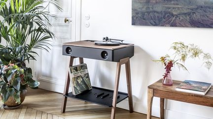 Colț de living luminos cu mobilier pentru pick-up din lemn de nuc și carcasă metalică neagră, difuzoare circulare integrate în față, pick-up-ul așezat pe blat, disc de vinil sprijinit de un suport, plantă verde mare în ghiveci în stânga și măsuță de cafea mică din lemn cu vază roz în dreapta, vedere din unghi de trei sferturi frontal