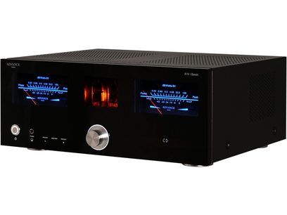 Ampli hi-fi stéréo Advance Paris A10 Classic noir, façade avant avec affichages bleus, boutons et prise casque argentés