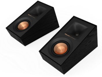 Two black Klipsch R-40SA speakers, compact, angled, copper woofer, on white background