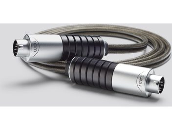 Cavo audio analogico Naim Super Lumina, connettori DIN argentati, cavo intrecciato grigio, su sfondo bianco