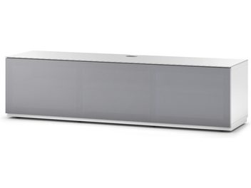 Meuble TV bas rectangulaire gris clair brillant, porte coulissante blanche, sans poignée apparente, socle blanc