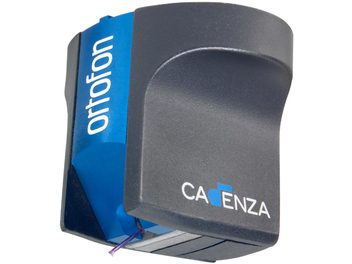 Cellule platine vinyles Ortofon Cadenza Blue, vue de face et de côté, boîtier bleu et gris foncé avec inscription blanche