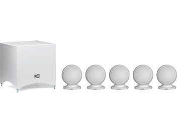 Pack 5.1 Alcyone 3 blanc mat, caisson de basses cubique avec pieds, 5 enceintes sphériques sur socles