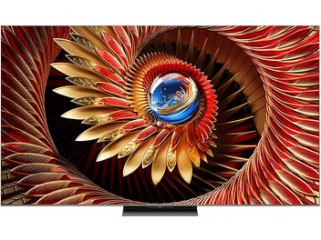 Téléviseur TCL 65C8K noir à cadre mince finition métal brossé, grand écran plat affichant un motif abstrait coloré, vue de face sur pied central discret