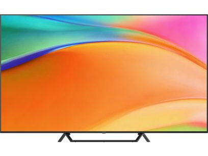 Panasonic TV-75W95BEG black television, slim matte metal frame, large flat screen on a central stand with angled feet, front view