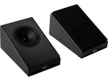 Dolby Atmos Speaker ATM 202 in satin black, perspective view, one unit with visible speaker, the other with opaque grille