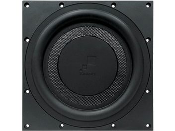 Sonance R10SUB black in-wall subwoofer, front view, circular perforated metal grille, central logo