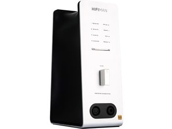 Preamplificatore per cuffie Hi-Fi Hifiman EF600, vista di tre quarti, parte anteriore bianca, manopola del volume centrale, connettori in basso