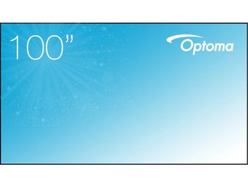 Écran ultra courte focale Optoma ALR101 sur fond bleu clair dégradé avec texte "100"" en blanc en haut à gauche