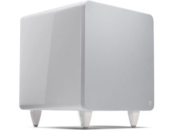 Cambridge Audio Minx X301 white subwoofer, front view, cube shape with rounded corners, white color