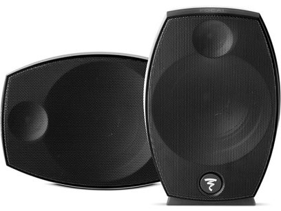 Pack d'enceintes Focal Sib Evo Dolby Atmos 5.1.2 noir: une enceinte compacte noire vue de face et une de profil