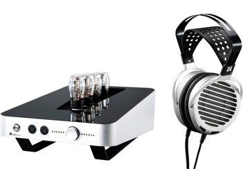 Casque hifi ouvert Hifiman Shangri La Jr System et amplificateur à tubes, coloris argent et noir, vue de face