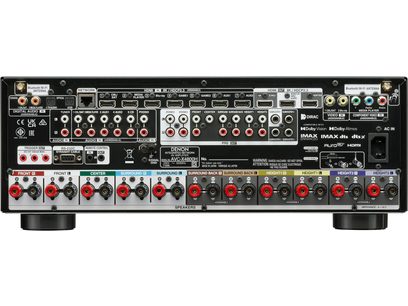 Ampli home-cinéma Denon AVC-X4800H noir, face avant, vue de face, nombreuses prises et boutons, affichage digital