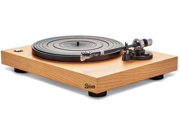 Giradischi Roberts Stylus in chiaro rovere, vista dall'alto, piatto nero, braccio con testina, su base in legno chiaro
