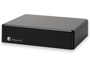 Trådløs sender Pro-Ject BT Box E HD sort, kompakt rektangulært kabinet, glat overflade, logo og tekst i hvid på fronten