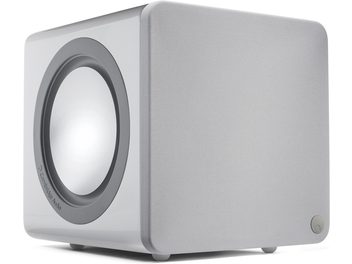Cambridge Audio Minx X201 valge bassikõlar, kompaktne kuubikujuline vorm, tumehall ümmargune kõlar, metallist võre