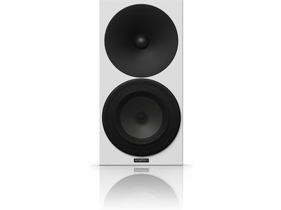 Βιβλιοθήκη ηχείων Amphion Argon 3S, μπροστινή όψη, ματ μαύρο περίβλημα, στρογγυλό μαύρο ηχείο, στρογγυλό λευκό tweeter