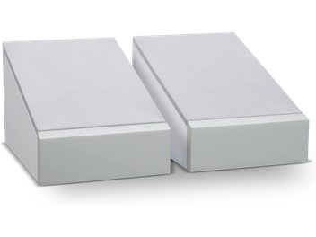 Two rectangular white speakers, shown from the front and three-quarter view, with smooth matte surfaces