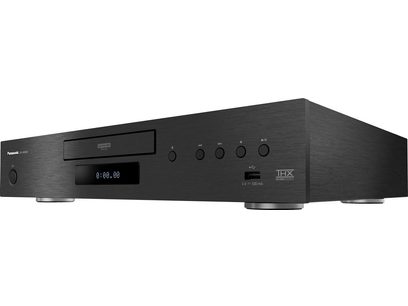 Lecteur Blu-ray 4K Panasonic DP-UB9000EG1 noir, face avant avec afficheur, boutons et ports, vue de face