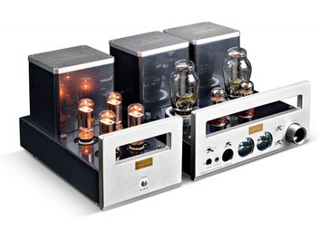 Cayin HA-300MK2 high-fidelity headphone preamplifier in silver, three-quarter front view from above, dual-chassis brushed aluminum case with openwork front panel, headphone jacks, volume knob, and visible glowing vacuum tubes