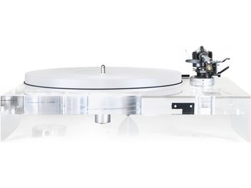 Platine vinyles Gold Note Valore 425 Plus acrylique avec bras B-5, plateau acrylique transparent, châssis blanc, vue de dessus