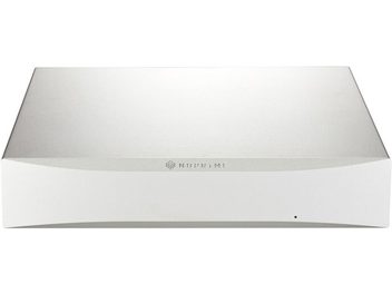 Nuprime STA-9 silver power amplifier, top view, brushed silver metal top cover with Nuprime logo engraved in the center