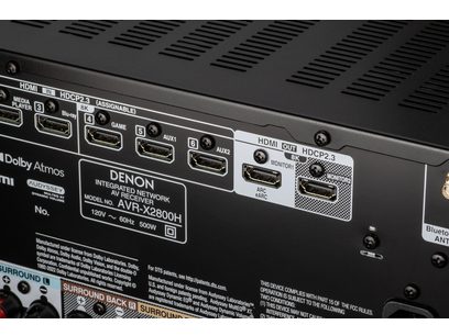 Ampli home-cinéma Denon AVR-X2800H DAB noir, vue arrière, connectique HDMI, audio, vidéo, antenne, réseau, alimentation