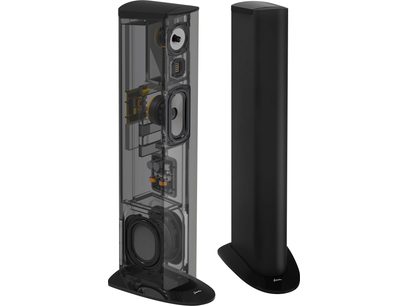 Altavoz de piso GoldenEar Triton Three+ negro, visto de frente y de perfil, con altavoces visibles y base