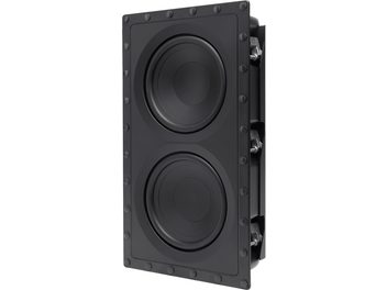 Built-in subwoofer DCS-208FR3, angled view, black rectangular front with 2 circular speakers
