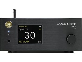 Lecteur audio réseau Gold Note DS-10 EVO noir avec écran affichant "30", bouton rotatif, antenne, et plusieurs ports en façade
