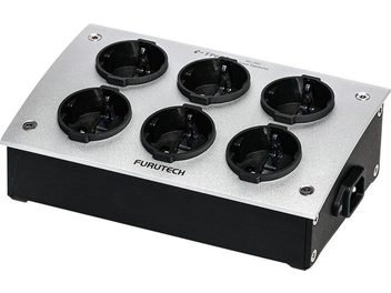 Multipriză Furutech e-TP60E cu 6 prize rotunde negre pe un corp rectangular gri metalic, vedere de sus