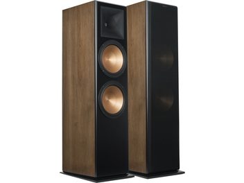 Klipsch RF-7 III zvočniki v orehovem ohišju, črni in bakreni zvočniki, črna osnova, pogled od spredaj