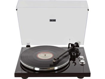 Giradischi Enova HIFI Vision 4 USB in noce scuro, vista dall'alto, braccio di lettura con testina, piatto nero, coperchio aperto