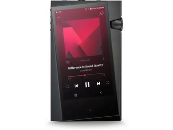 Astell&Kern SR35 audiofiilne muusikamängija söehalli värviga, sisselülitatud ekraan kuvab erksalt punast kasutajaliidest