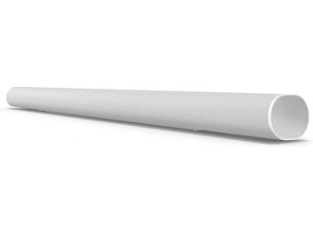Barre de son Sonos ARC Ultra blanc mat, vue en perspective, forme cylindrique, grille perforée, logo centré, surface lisse