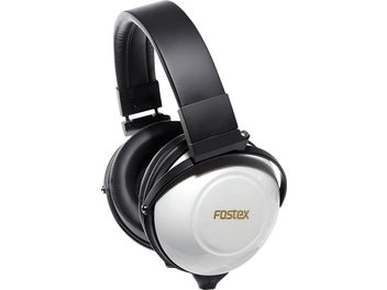 Casque hifi filaire Fostex TH-900 Mk2 blanc nacré laqué, vue trois-quarts avant gauche, coques fermées avec logo doré, arceau rembourré similicuir noir et yokes métalliques noirs