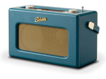 Radio de table Roberts Revival iStream 3L bleu sarcelle en similicuir grainé, grille frontale métallique dorée, deux boutons rotatifs crème et antenne sur le dessus, poignée latérale, vue trois-quarts avant droite