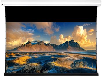 ALR Screen Lumene Coliseum Extra Bright UST 300C, front view, black frame, mountain landscape image with cloudy sky and grass.